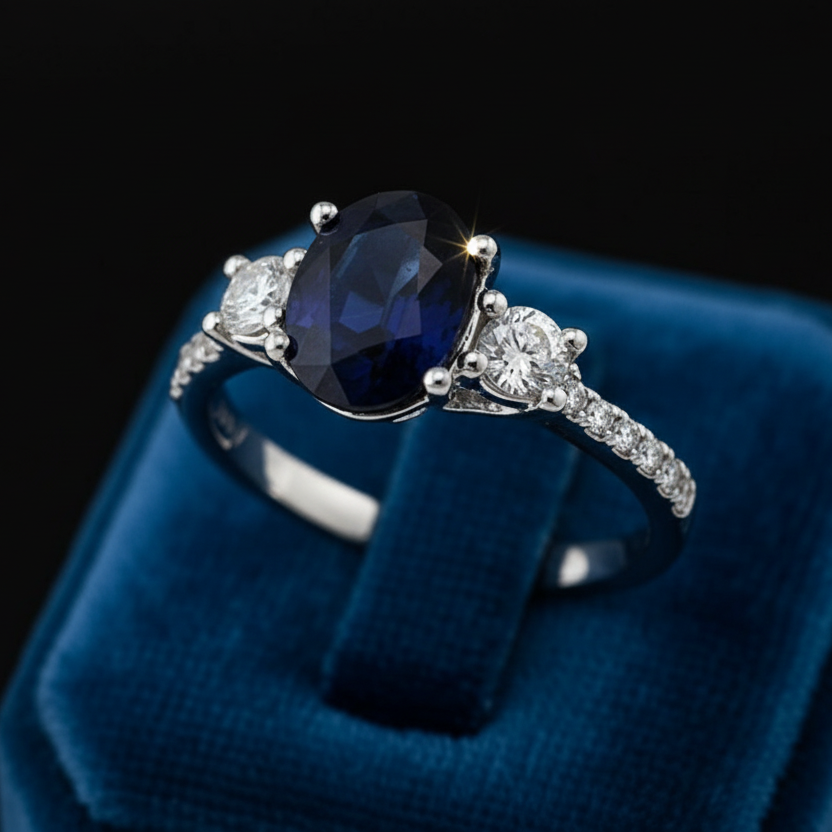 Effy Sapphire, Diamond and 14K White Gold 3-Stone Ring