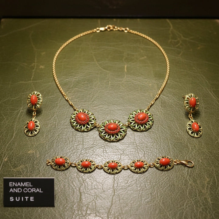 Italian 1960's Coral, Green & White Enamel 14kt/18kt Yellow Gold set