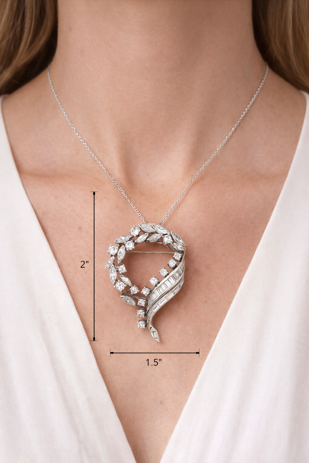 Mid-Century Platinum Diamond Brooch | 5.00 CTW Marquise, Round & Baguette Diamond Ribbon Wreath Pin