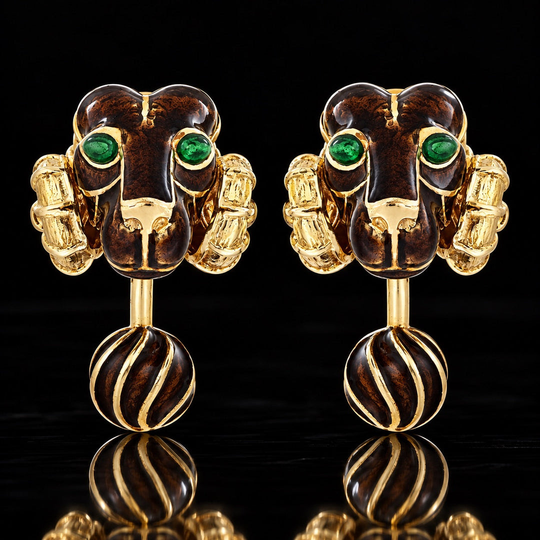 Estate David Webb Ram Head Green & Brown Enamel 18K Yellow Gold Cuff Links