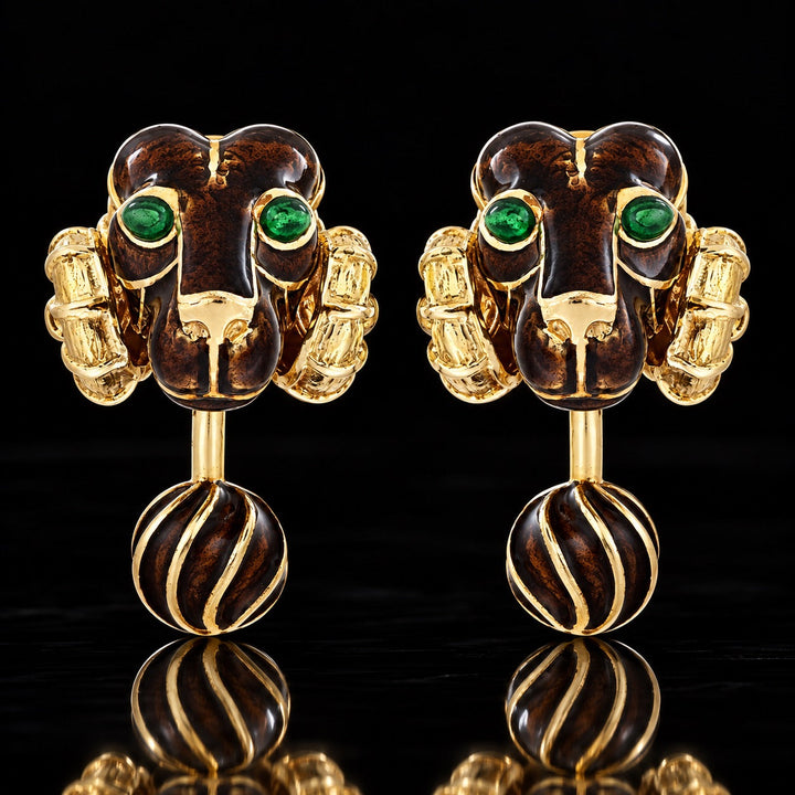 Estate David Webb Ram Head Green & Brown Enamel 18K Yellow Gold Cuff Links