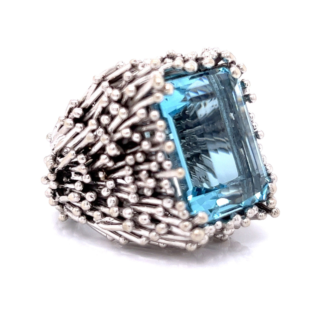 Custom Made Aquamarine and 18k White Gold Thistle Ring