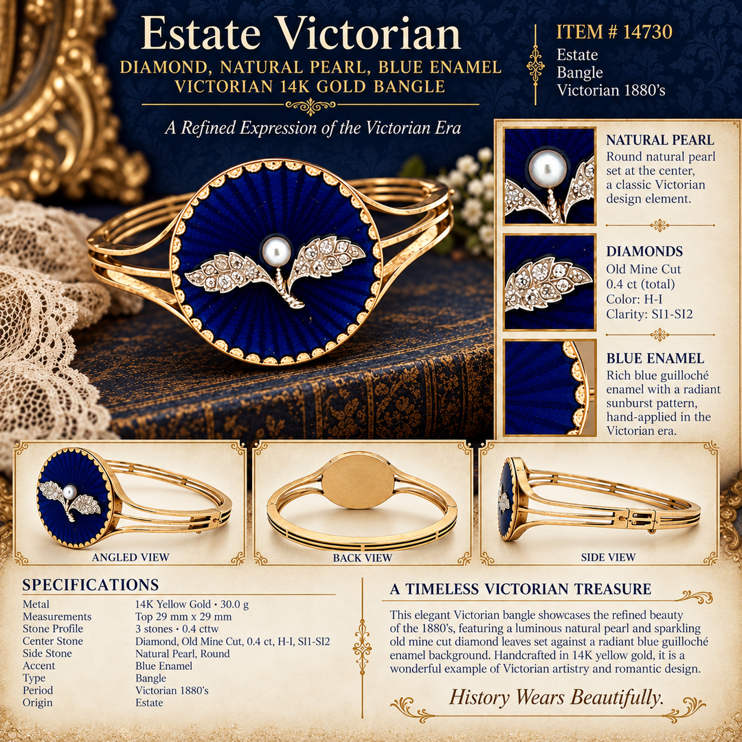 Estate Victorian Diamond , Natural Pearl , Blue Enamel Victorian 14K Gold Bangle 14730