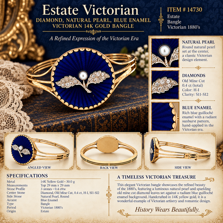 Estate Victorian Diamond , Natural Pearl , Blue Enamel Victorian 14K Gold Bangle 14730