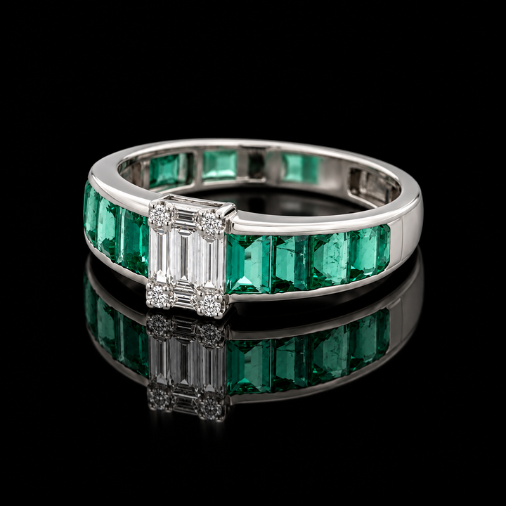 Estate Designer Emerald & Diamond 18KT White Gold Ring