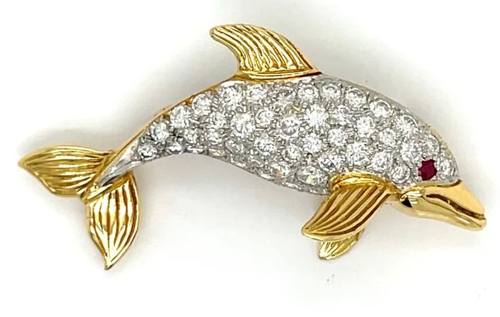 Diamond Platinum/18K Yellow Gold Dolphin Brooch