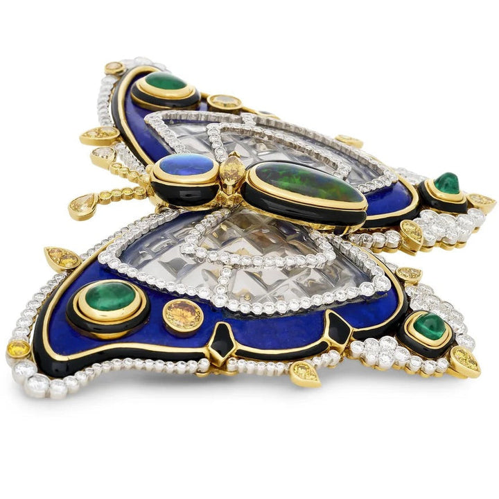 From The Museum Collection of David Webb Diamond, Black Opal, Emerald, Rock Crystal, 18Kt Yellow Gold and Platinum Butterfly Pendant Brooch