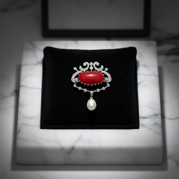 Coral and Diamond Platinum Pendant