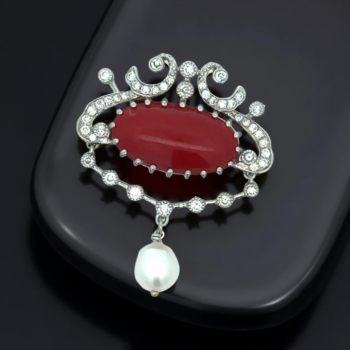 Coral and Diamond Platinum Pendant
