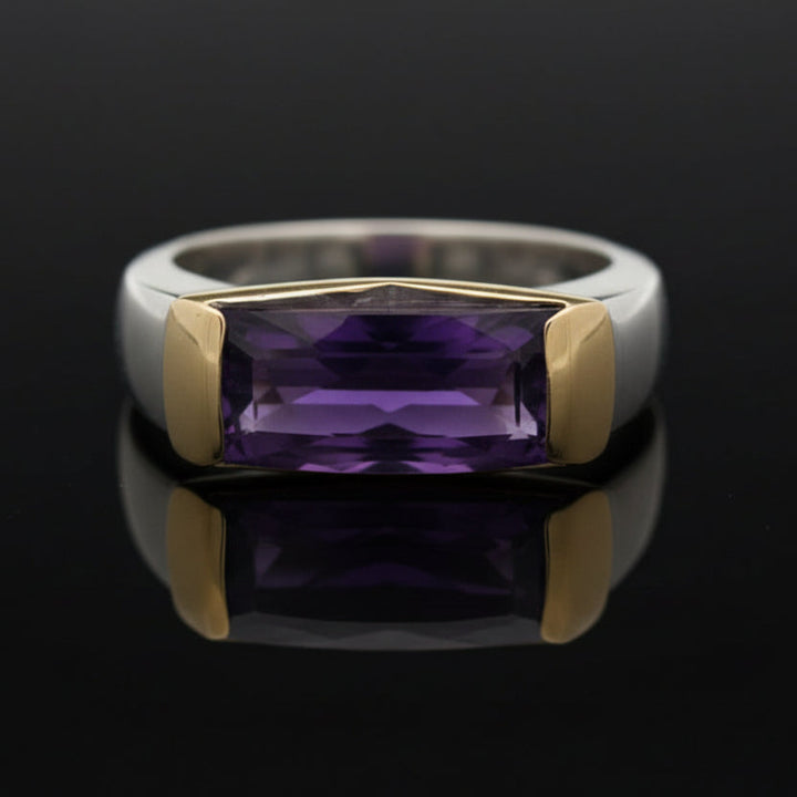 Italian Designer Checker Board Cut Amethyst 18K Yellow and White Gold Ring
