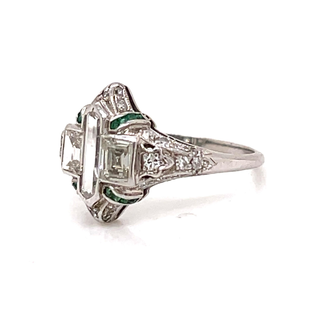 Art Deco Diamond and Emerald Platinum Ring