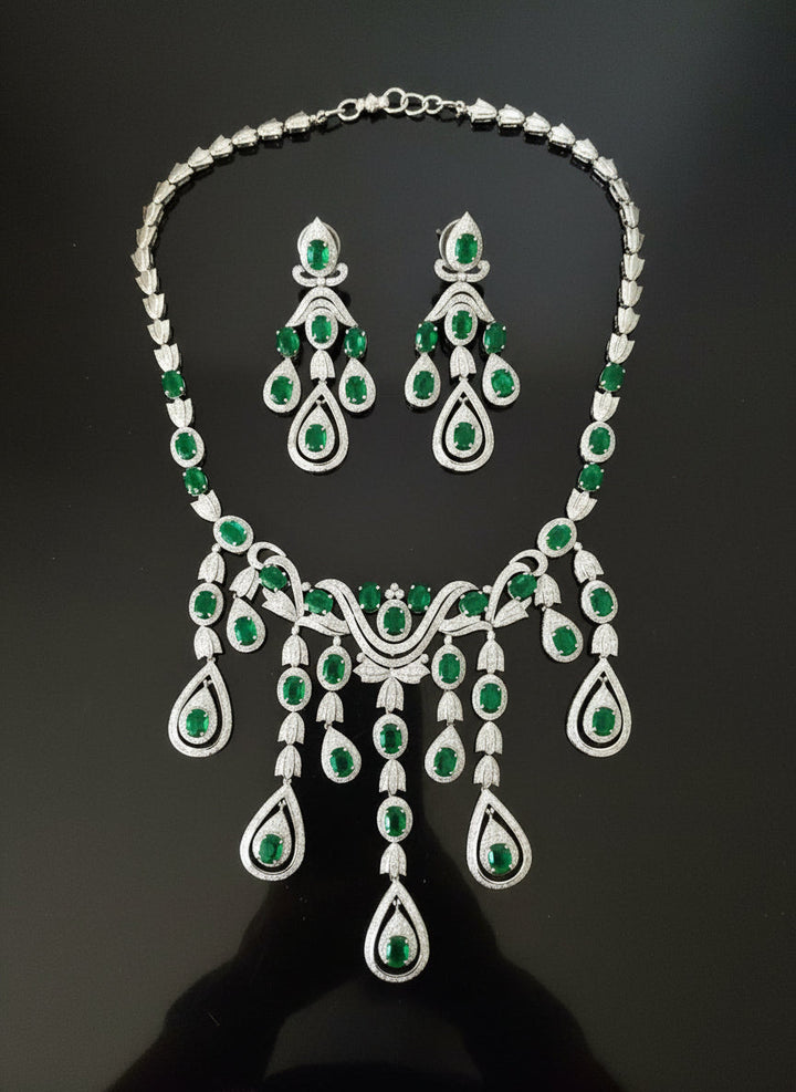 Estate Emerald and Diamond 18K White Gold Necklace and Earring Set