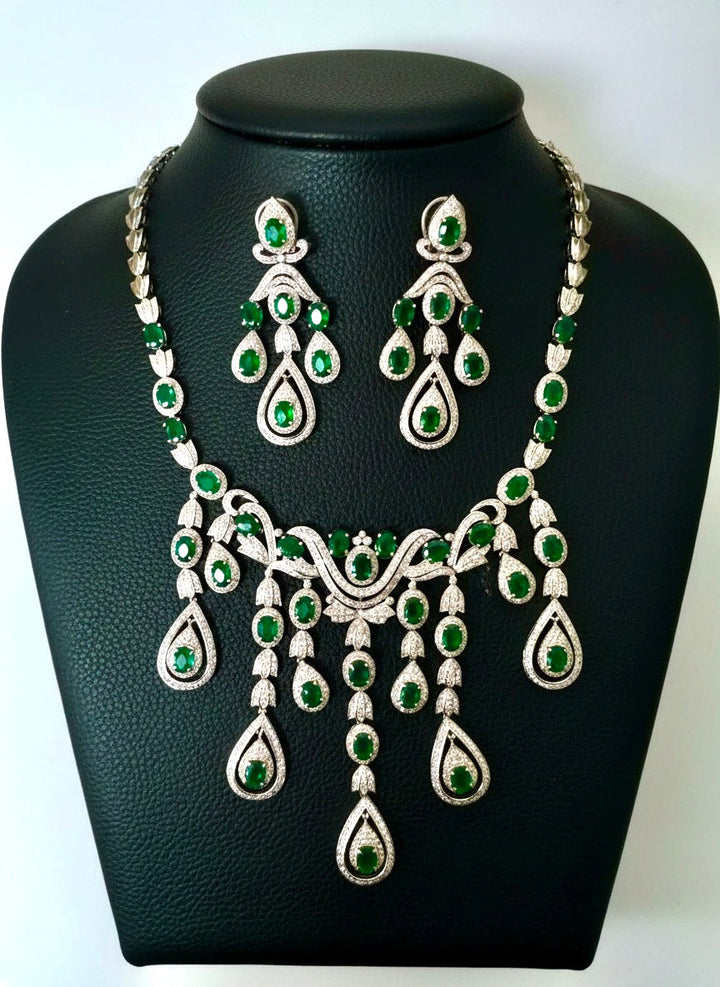 Estate Emerald and Diamond 18K White Gold Necklace and Earring Set