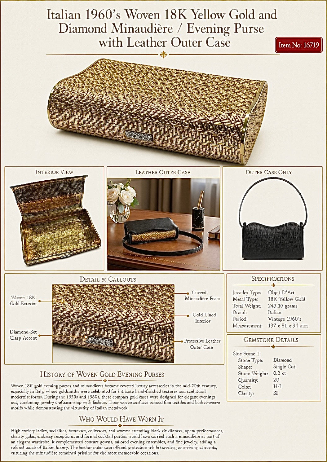 Vintage Italian 1960's Woven 18K Yellow Gold and Diamond Minaudiere/Evening Purse with Leather Outer Case
