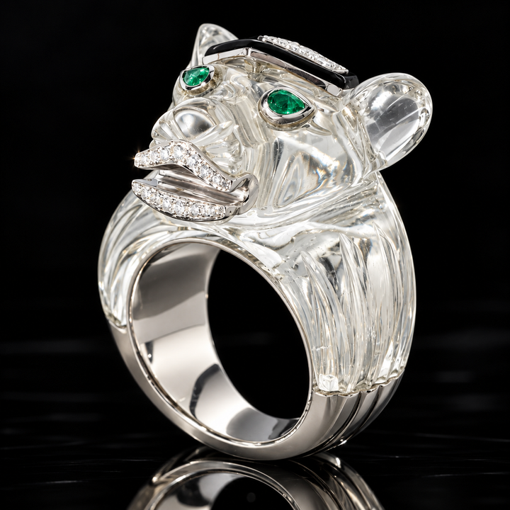 Estate David Webb Carved Rock Crystal Lioness Diamond, Emerald and Black Enamel 18k White Gold / Platinum Ring