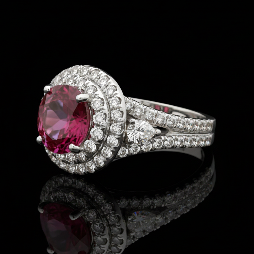 Tourmaline, Diamond, and 18K White Gold Halo Ring