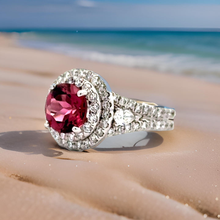 Tourmaline, Diamond, and 18K White Gold Halo Ring
