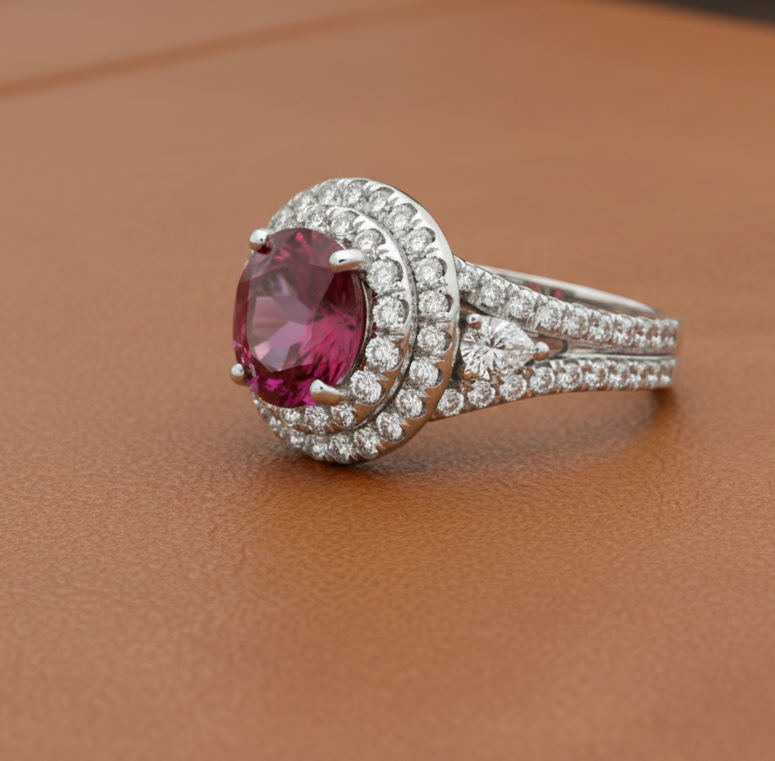 Tourmaline, Diamond, and 18K White Gold Halo Ring
