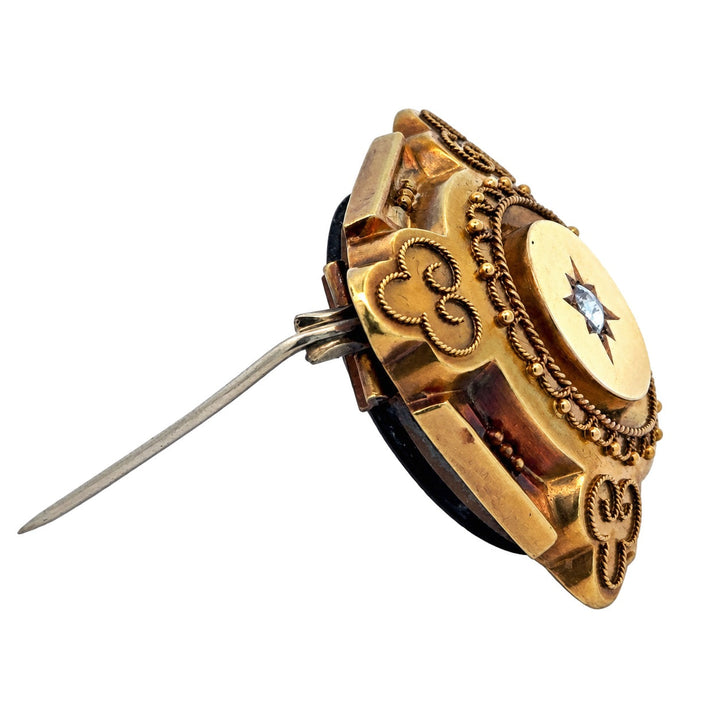 Victorian Estate Liodet-Geneva Switerland 15KT Yellow Gold & Rose Cut Diamond Earrings, Pendant & Brooch Locket. Original Fitted Box Circa 1855-1870