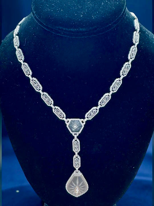 Art Deco Diamond and Rock Crystal Filigree 14Kt White/Platinum Necklace