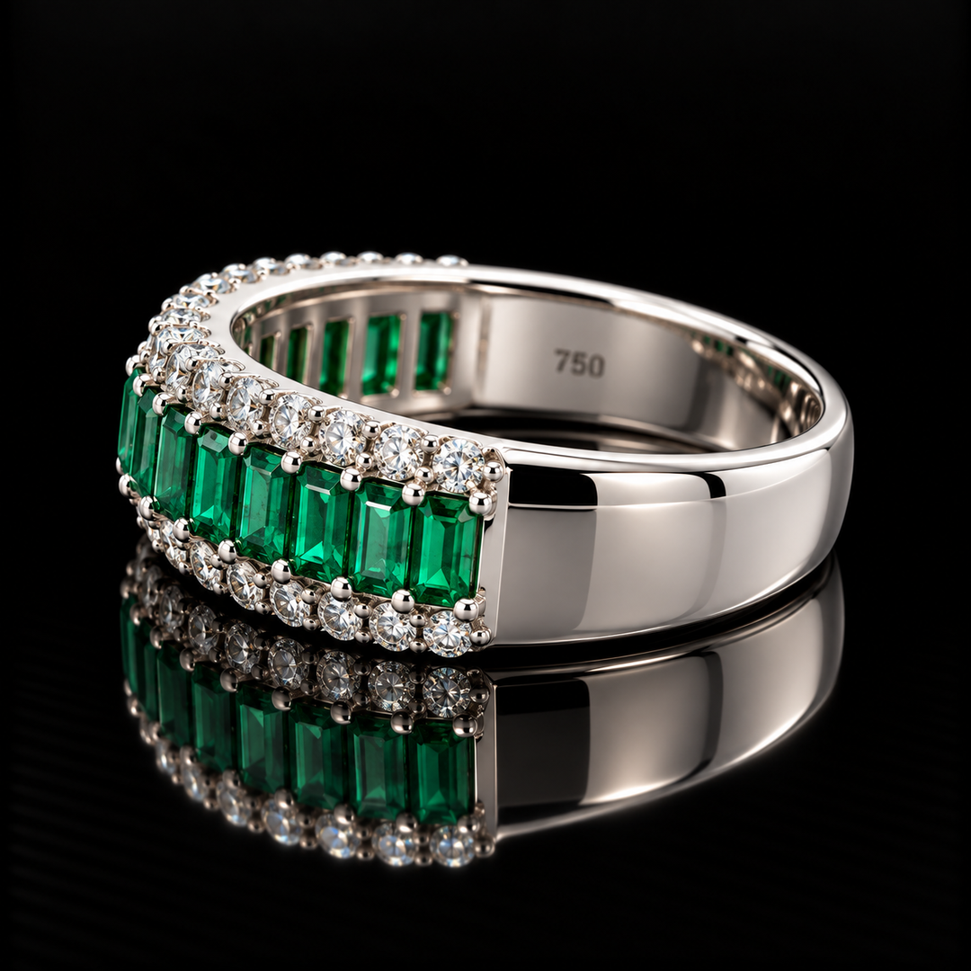 Estate Designer Fine Emerald & Diamond 18KT White Gold Ring