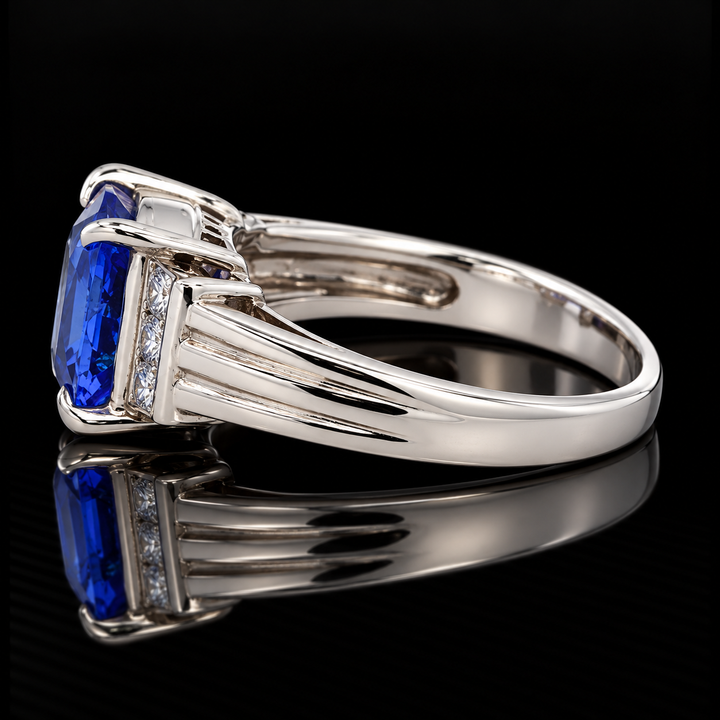 Estate Fine Tanzanite and Diamond Platinum Ring