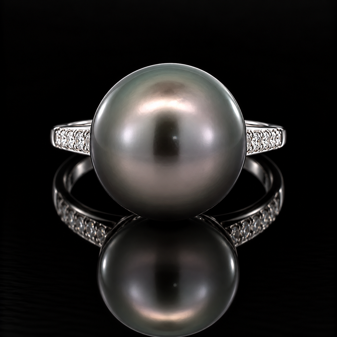 Estate 15.00mm Tahitian Pearl and Diamond Platinum Ring