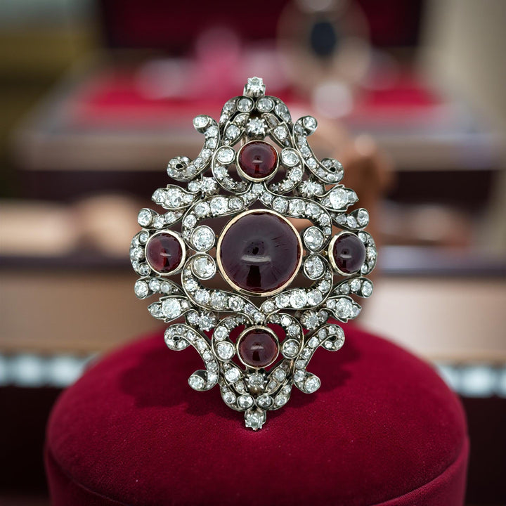 Victorian 1880's Diamond and Garnet 14k White Gold and Silver Pendant/Brooch