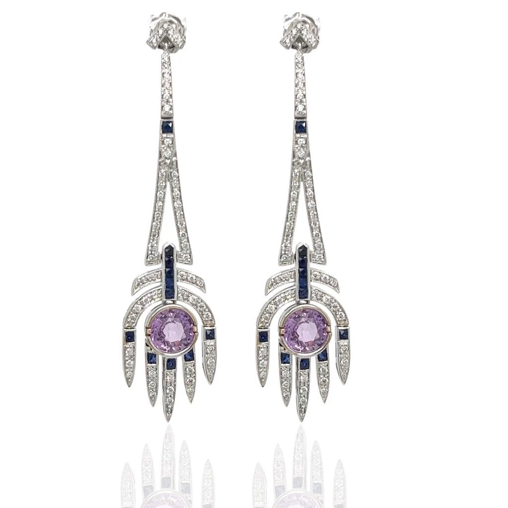 Pink Sapphire, Blue Sapphire, Diamond and 18K White Gold Art Deco Style Chandelier Earrings