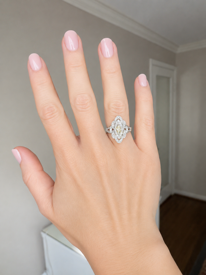 Vintage Filigree White & Yellow Diamond 14k White Gold Ring