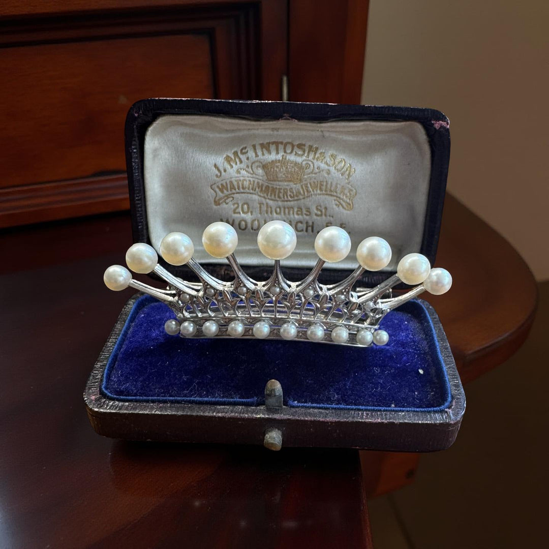 Designer Mikimoto Cultured Pearl and Platinum Crown Brooch