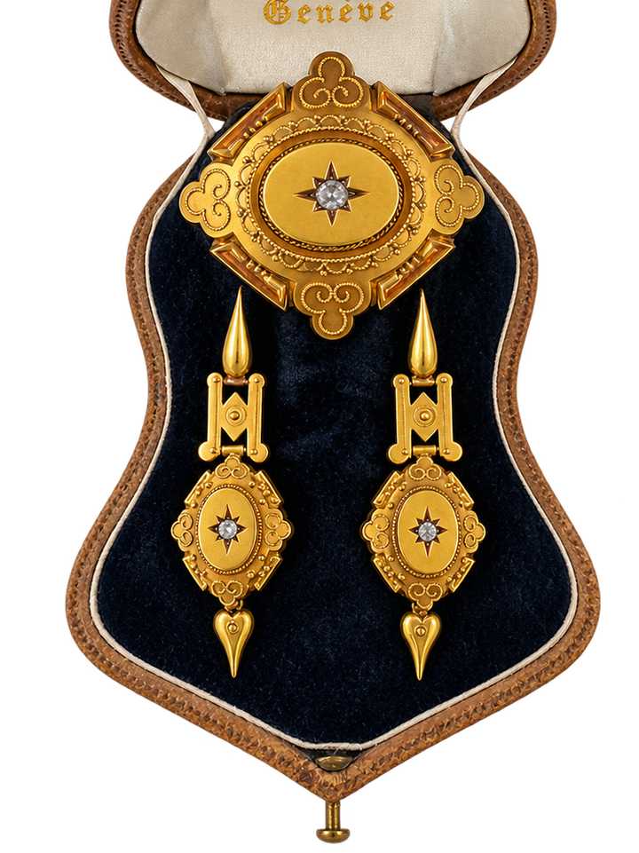 Victorian Estate Liodet-Geneva Switerland 15KT Yellow Gold & Rose Cut Diamond Earrings, Pendant & Brooch Locket. Original Fitted Box Circa 1855-1870