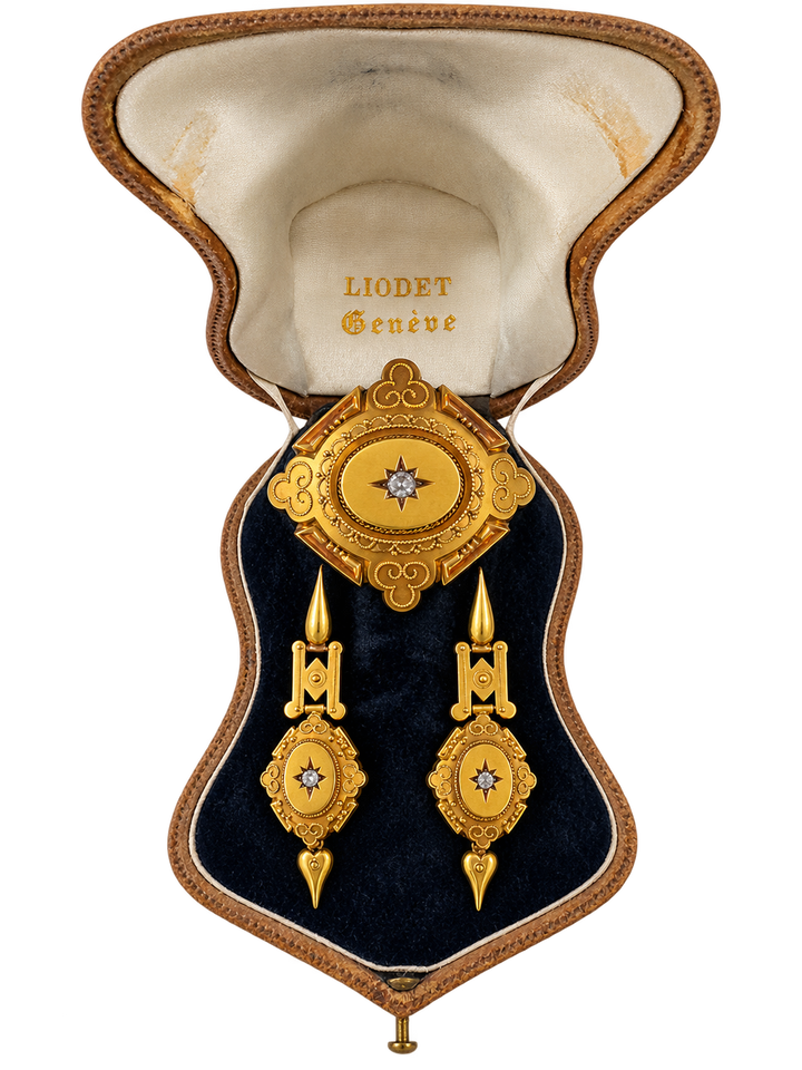 Victorian Estate Liodet-Geneva Switerland 15KT Yellow Gold & Rose Cut Diamond Earrings, Pendant & Brooch Locket. Original Fitted Box Circa 1855-1870