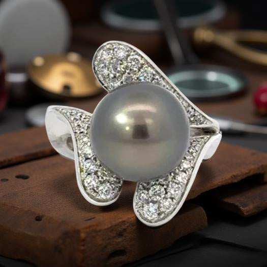 Estate Designer Schoeffel 1.20 cttw Daimond 12.57mm Tahitian Pearl Ring 13875