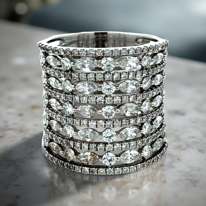 Multi Row Diamond 18K White Gold Ring