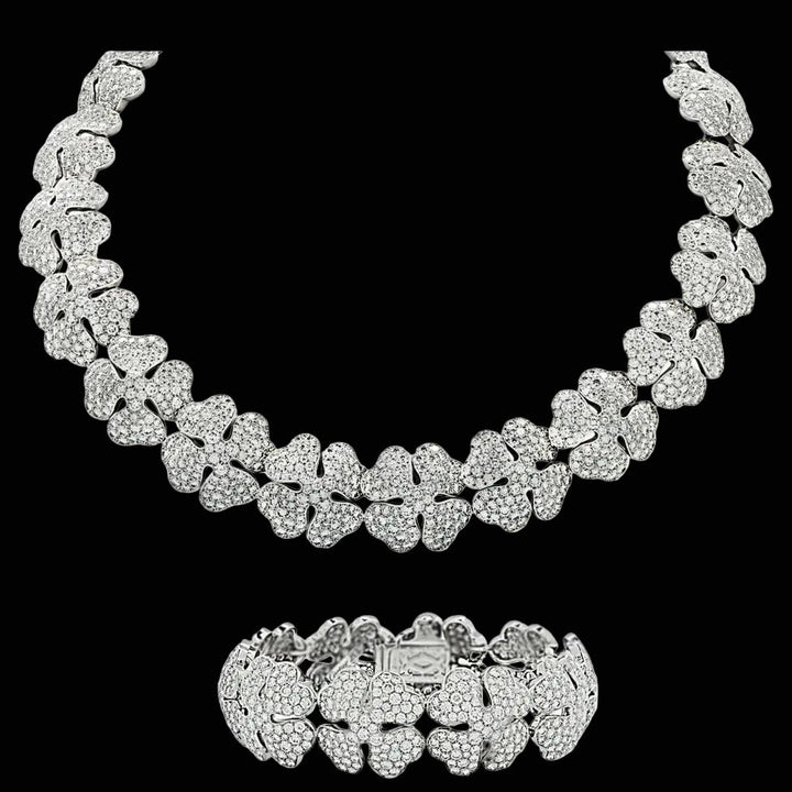 Estate Vintage Cartier 80.19cttw Diamond Clover 18Kt White Gold Necklace & Bracelet Set