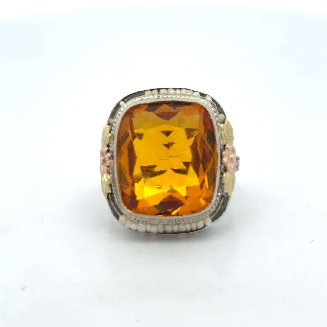 Citrine and Pearl Filigree 14K Tri Color Gold Ring