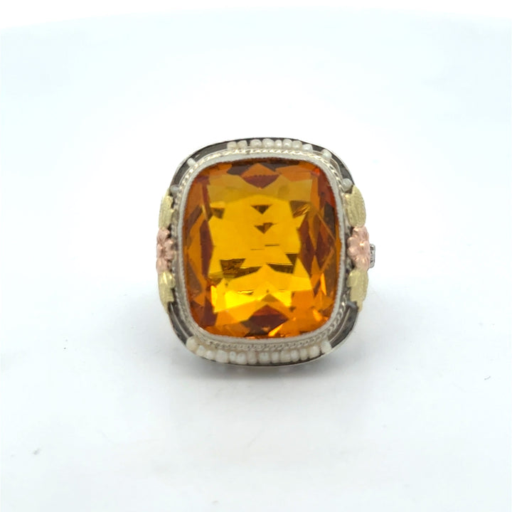Citrine and Pearl Filigree 14K Tri Color Gold Ring