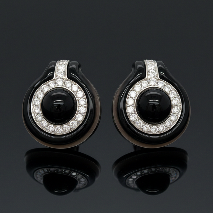 Onyx, Diamond and 18K Yellow Gold Earrings