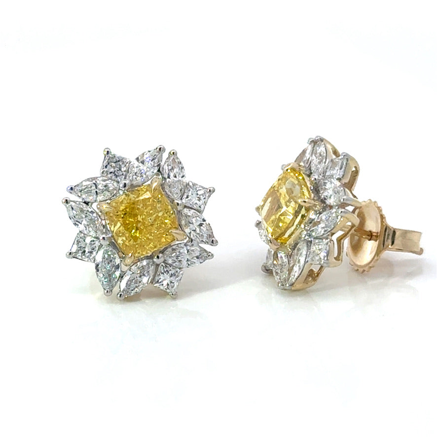2.50 CTW Yellow & White Lab Grown Diamond Floral Cluster Stud 14K Yellow Gold Earrings