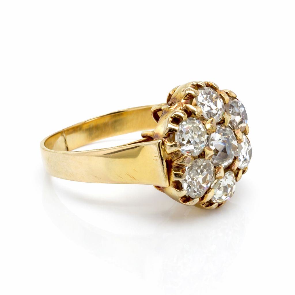 Antique Victorian Seven Diamond and 14K Yellow Gold Flower Ring