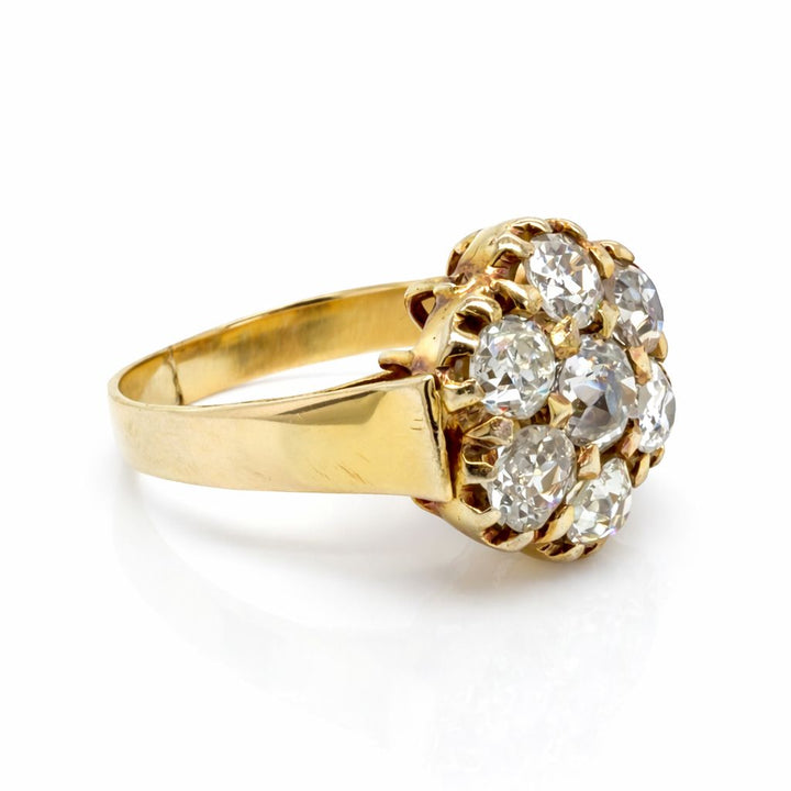 Antique Victorian Seven Diamond and 14K Yellow Gold Flower Ring