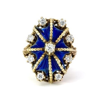 Diamond, Blue Enamel and 14K Yellow Gold Antique Ring