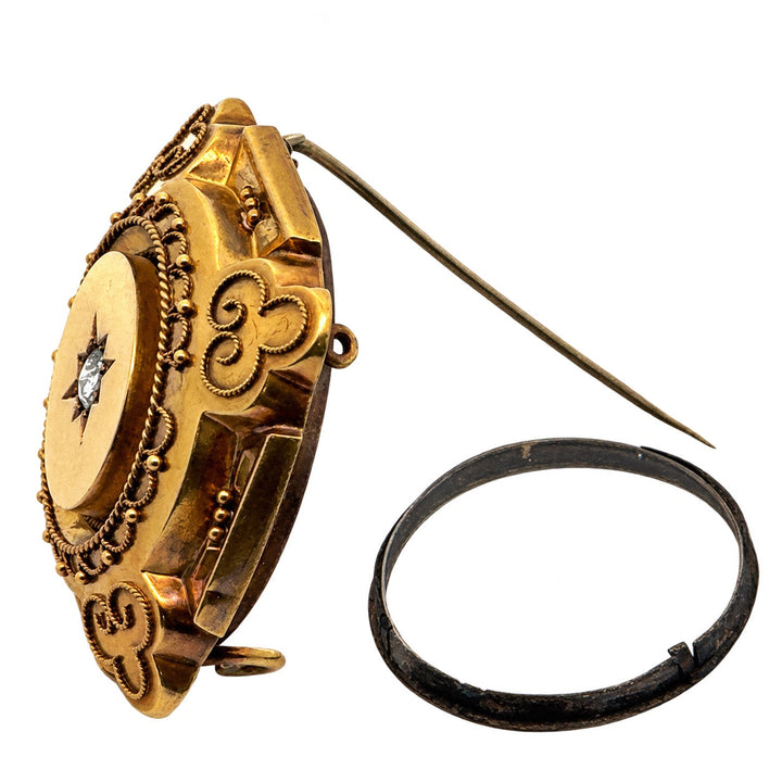 Victorian Estate Liodet-Geneva Switerland 15KT Yellow Gold & Rose Cut Diamond Earrings, Pendant & Brooch Locket. Original Fitted Box Circa 1855-1870