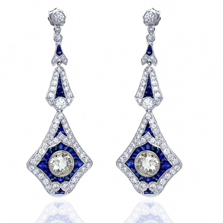 Custom Art Deco Style Diamond and Sapphire Dangle Earrings