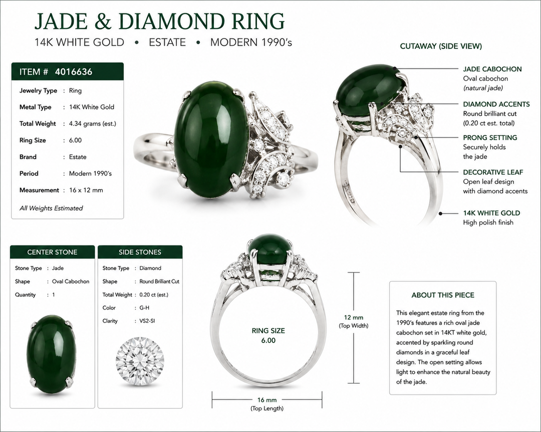 Modern Jade & Diamond 14K White Gold Ring