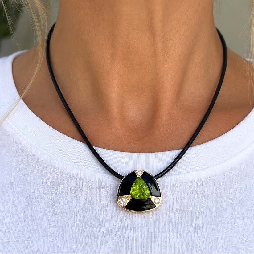Estate Designer Cole Diamond, Onyx, Peridot 14K Yellow Gold Pendant.