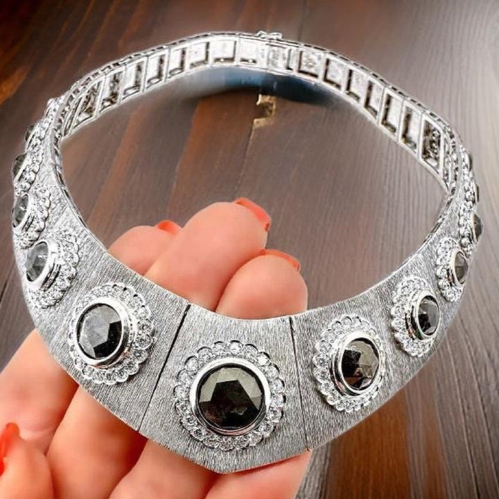 Vintage 1960s 18K White Gold, Rose Cut Black Diamonds and White Diamond Statement Necklace
