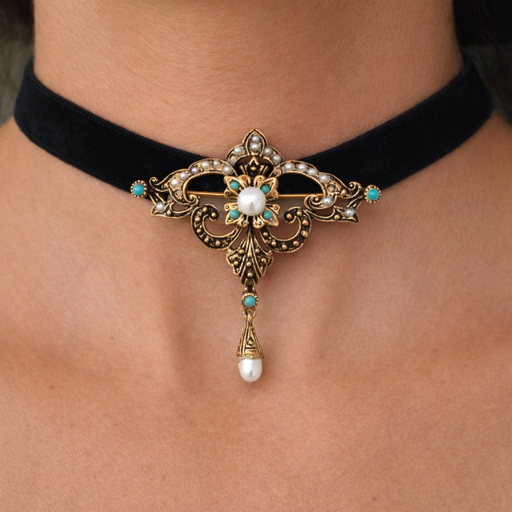 Victorian 14K Gold Turquoise & Natural Seed Pearl Convertible Brooch Pendant with Pearl Drop, Russian Mark
