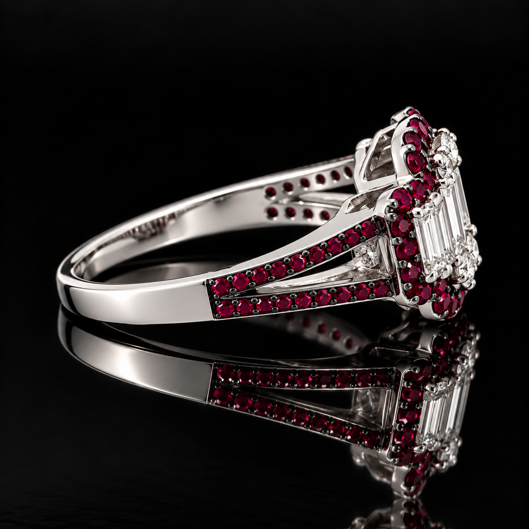 Estate Designer Diamond & Ruby 18K White Gold Ring